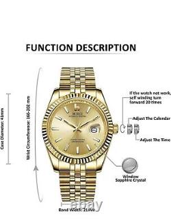 All Gold Burei Men's Automatic Watch Elegant Classic Design Calendar Window