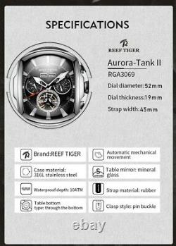 BLACK Silver Reef Tiger Aurora Tank 2 Automatic Watch for Men Luxury Sport UK