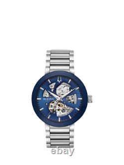 Bulova 96A204 Men's Modern Automatic Skeleton Bracelet Strap Watch, Silver/Blue