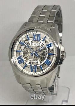 Bulova Sutton Automatic Silver And Blue 96A187 Skeleton Dial Men's Watch