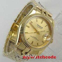 Luxury 36mm PARNIS yellow gold dial Date Miyota 8215 automatic mens watch