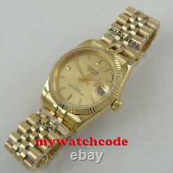 Luxury 36mm PARNIS yellow gold dial Date Miyota 8215 automatic mens watch