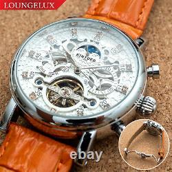 Mens Automatic Mechanical Watch Date Day Silver White Orange Leather Deployant