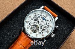 Mens Automatic Mechanical Watch Date Day Silver White Orange Leather Deployant