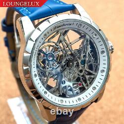 Mens Automatic Mechanical Watch Silver White Dial Blue Leather Deployant
