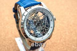Mens Automatic Mechanical Watch Silver White Dial Blue Leather Deployant