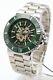 Mens Deschamps & Co Automatic Watch Green Skeleton Dial Stainless Steel Strap