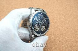 Mens Double Flywheel Automatic Mechanical Watch Silver Black Stainless Steel