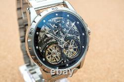 Mens Double Flywheel Automatic Mechanical Watch Silver Black Stainless Steel