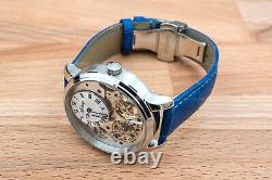 Mens Double Flywheel Automatic Mechanical Watch Silver White Dial Blue Leather