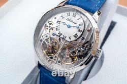 Mens Double Flywheel Automatic Mechanical Watch Silver White Dial Blue Leather