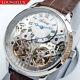 Mens Double Flywheel Automatic Mechanical Watch Silver White Dial Brown Leather