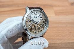 Mens Double Flywheel Automatic Mechanical Watch Silver White Dial Brown Leather