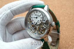 Mens Double Flywheel Automatic Mechanical Watch Silver White Dial Green Leather