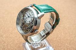 Mens Double Flywheel Automatic Mechanical Watch Silver White Dial Green Leather