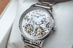 Mens Double Flywheel Automatic Mechanical Watch Silver White Stainless Steel