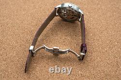 Mens Double Flywheel Skeleton Automatic Mechanical Leather Watch Silver Purple