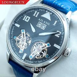 Mens Double Flywheel Skeleton Automatic Mechanical Watch Silver Blue Leather