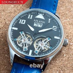 Mens Double Flywheel Skeleton Automatic Mechanical Watch Silver Blue Leather