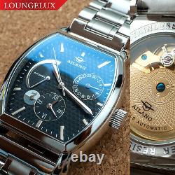 Mens Dual Time Automatic Mechanical Power Reserve Watch Silver Black Stainless