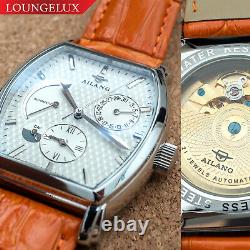 Mens Dual Time Automatic Mechanical Power Reserve Watch Silver Orange Deployant