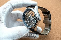 Mens Flywheel Bridge Movement Automatic Mechanical Watch Silver Black Leather