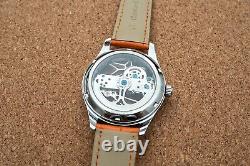 Mens Flywheel Bridge Movement Automatic Mechanical Watch Silver Orange Leather