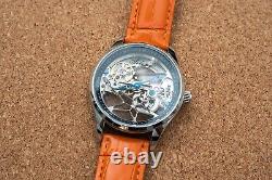 Mens Flywheel Bridge Movement Automatic Mechanical Watch Silver Orange Leather