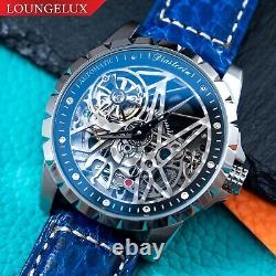 Mens Silver Automatic Mechanical Watch Blue Snake Skin Leather Strap