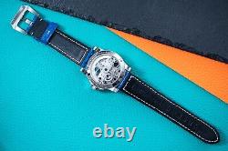 Mens Silver Automatic Mechanical Watch Blue Snake Skin Leather Strap