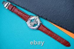 Mens Silver Automatic Mechanical Watch Bridge Rainbow Cubic Red Leather Strap