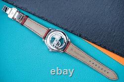Mens Silver Automatic Mechanical Watch Bridge Rainbow Cubic Red Leather Strap