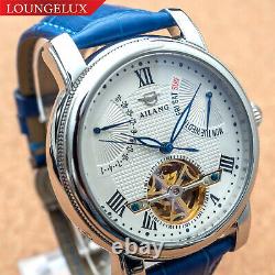 Mens Silver Automatic Mechanical Watch White Dial Date Day Blue Leather Strap