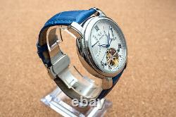 Mens Silver Automatic Mechanical Watch White Dial Date Day Blue Leather Strap