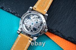Mens Silver Automatic Mechanical Watch Yellow Brown Suede Leather Strap