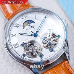 Mens Silver Double Flywheel Luxury Bling Skeleton Automatic Mechanical Watch