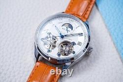 Mens Silver Double Flywheel Luxury Bling Skeleton Automatic Mechanical Watch