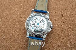Mens Silver Double Flywheel Skeleton Automatic Mechanical Watch Blue Leather