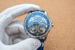 Mens Silver Double Flywheel Skeleton Automatic Mechanical Watch Blue Leather
