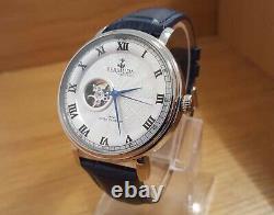 Mens Silver Vintage Classic Bermuda Automatic Open Heart Blue Leather Watch