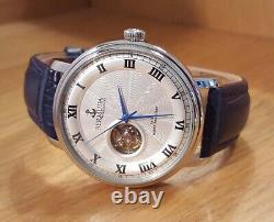 Mens Silver Vintage Classic Bermuda Automatic Open Heart Blue Leather Watch