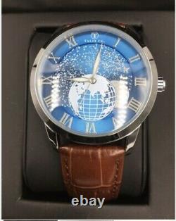 Mens Talis Co Astro Automatic Watch Blue Moon Dial Brown Leather Strap