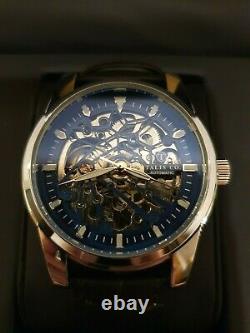 Mens Talis Co Automatic Watch Blue Skeleton Dial Black Leather Strap