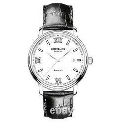 Mens watches automatic swiss made mechanical white steel black leather montblanc