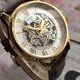 Rotary Watch Automatic Mens Gold Steel Silver Skeleton Dial Brown Leather 40mm